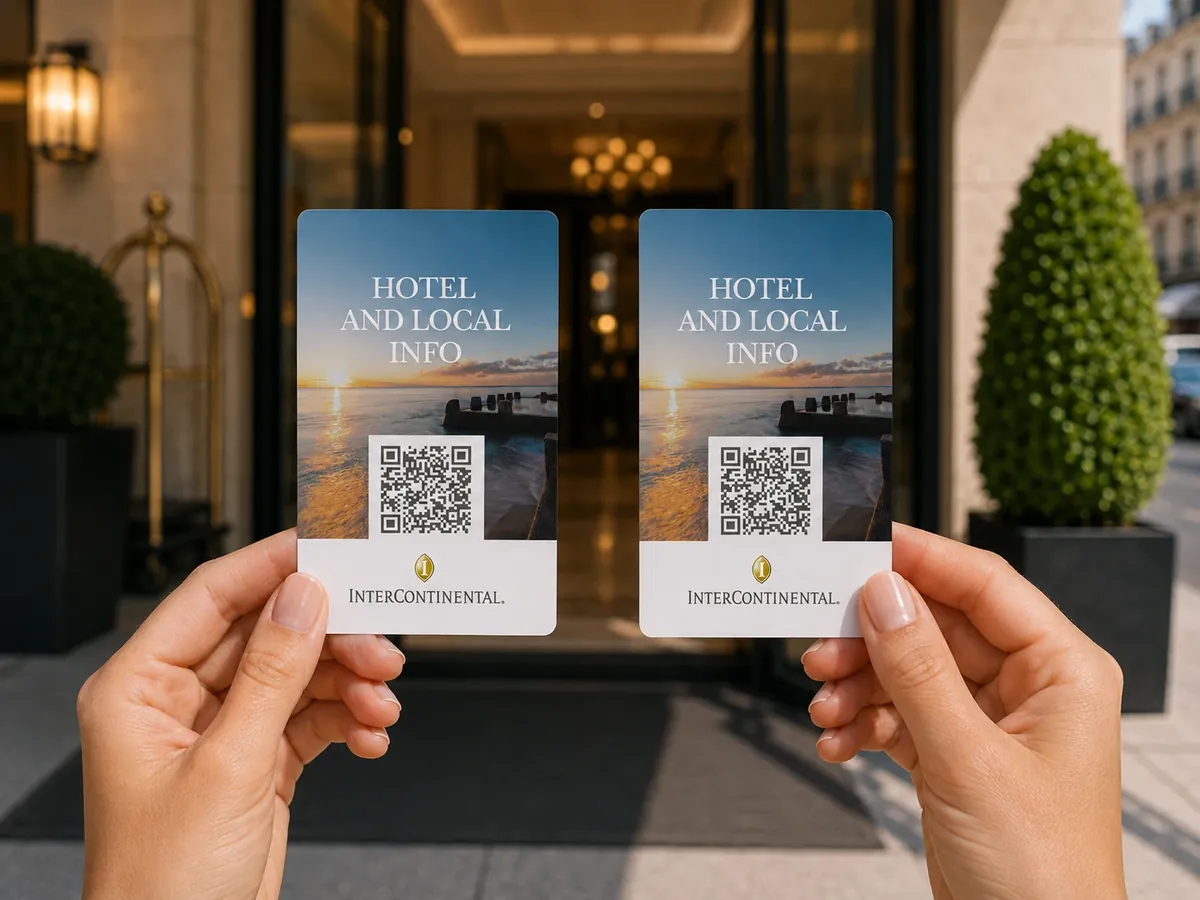 Two printed InterContinental “Hotel and local info” key cards with a QR code, held up outside the hotel