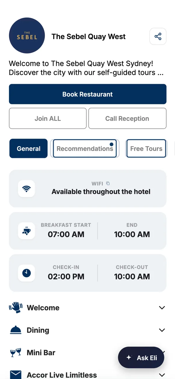The FreeGuides compendium for The Sebel Quay West Sydney, with Wi-Fi, breakfast, check-in and check-out times up front