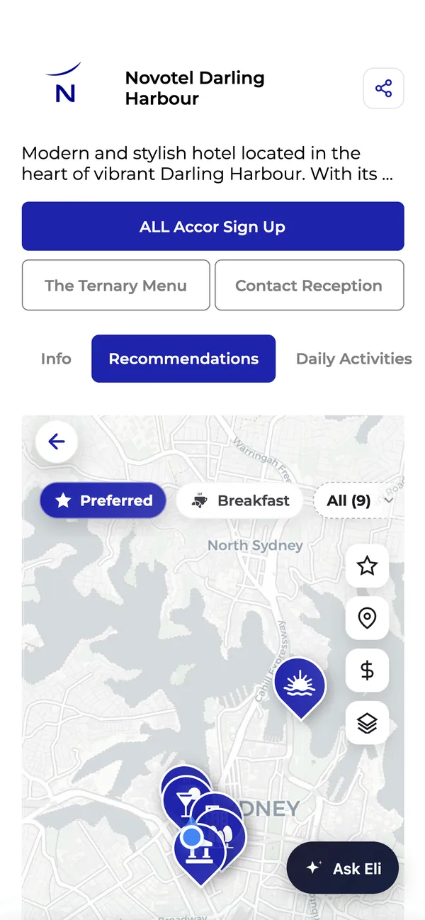 The FreeGuides recommendations map around Darling Harbour, Sydney, with the property’s preferred spots pinned