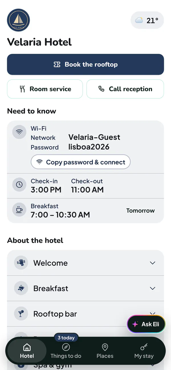 A FreeGuides digital compendium for the demo Velaria Hotel, showing quick actions, Wi-Fi with a copy-password button, check-in and check-out times and breakfast hours
